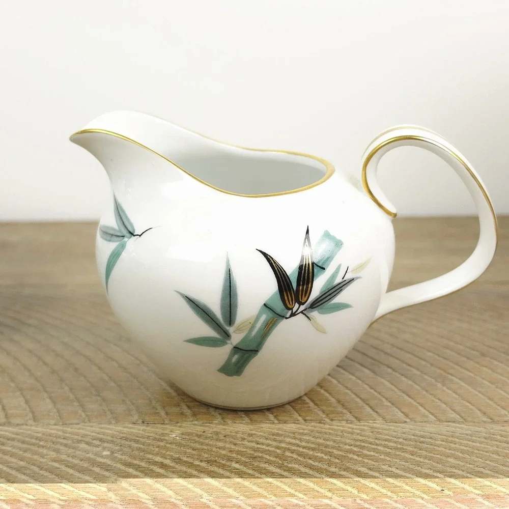 Noritake China 5540 Sugar Bowl‎ and Creamer Teal Bamboo Black Gold Leaves